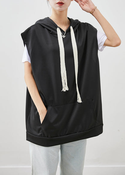 Black Hooded Drawstring Cotton Vest Fall