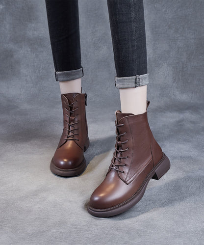 Black Lace Up Warm Fleece Cowhide Leather Ankle Boots
