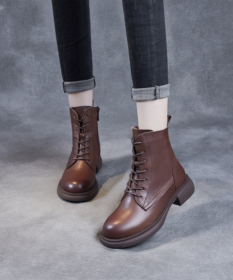 Black Lace Up Warm Fleece Cowhide Leather Ankle Boots