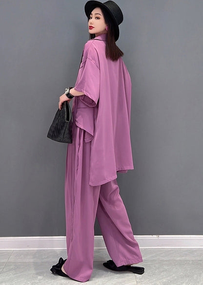Stylish Purple Notched Collar Tie Waist Low High Design Chiffon Two Pieces Set Summer