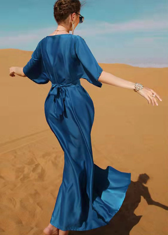 Blue O-neck Patchwork Zircon Satin Maxi Dress Short Sleeve