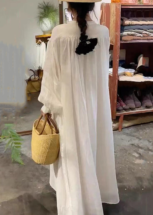 New White O-neck Cotton Long Dress Spring
