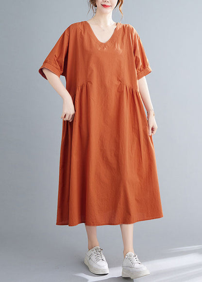 Orange Patchwork Cotton Holiday Dress Wrinkled Short Sleeve