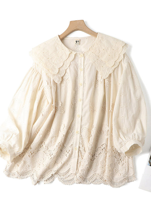 Beige Double-layer Embroidered Cotton Blouses Spring