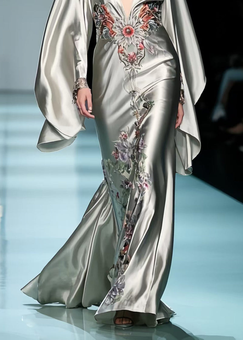 Original Design Grey Deep-v Neck Print Silk Party Dresses Batwing Sleeve Spring