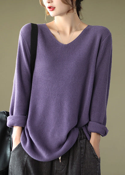 Purple V Neck Patchwork Knitting Cotton Tops Long Sleeve