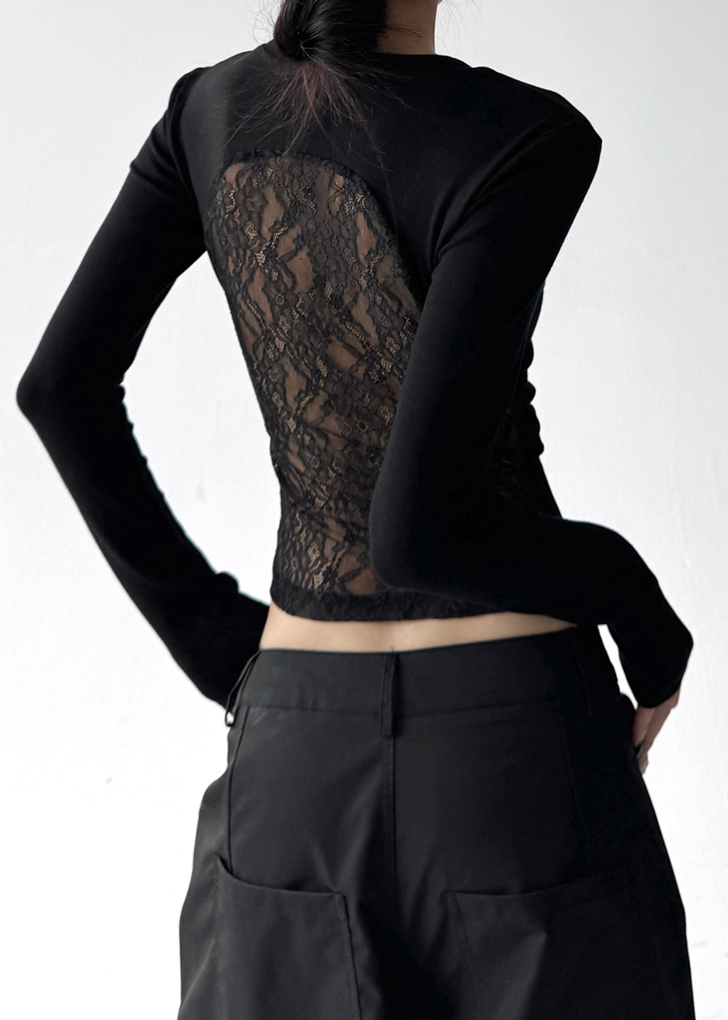 Black O Neck Lace Patchwork Cotton T Shirts Fall