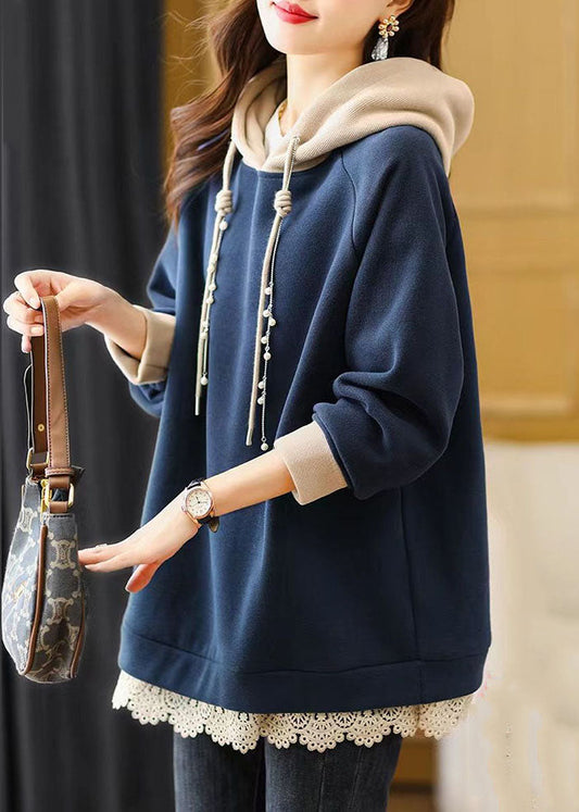 Navy Blue Drawstring Lace Patchwork Fleece Hoodie Sweatshirt Fall