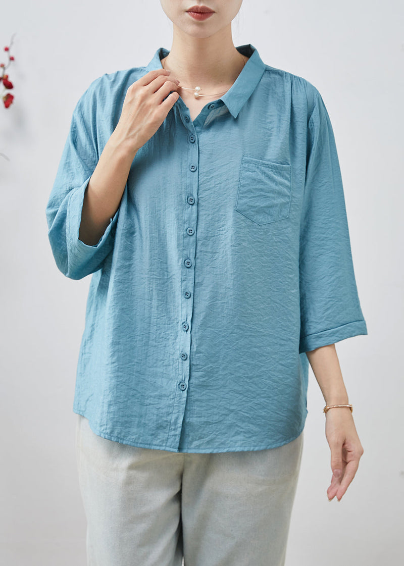 Blue Oversized Cotton Tops Bracelet Sleeve