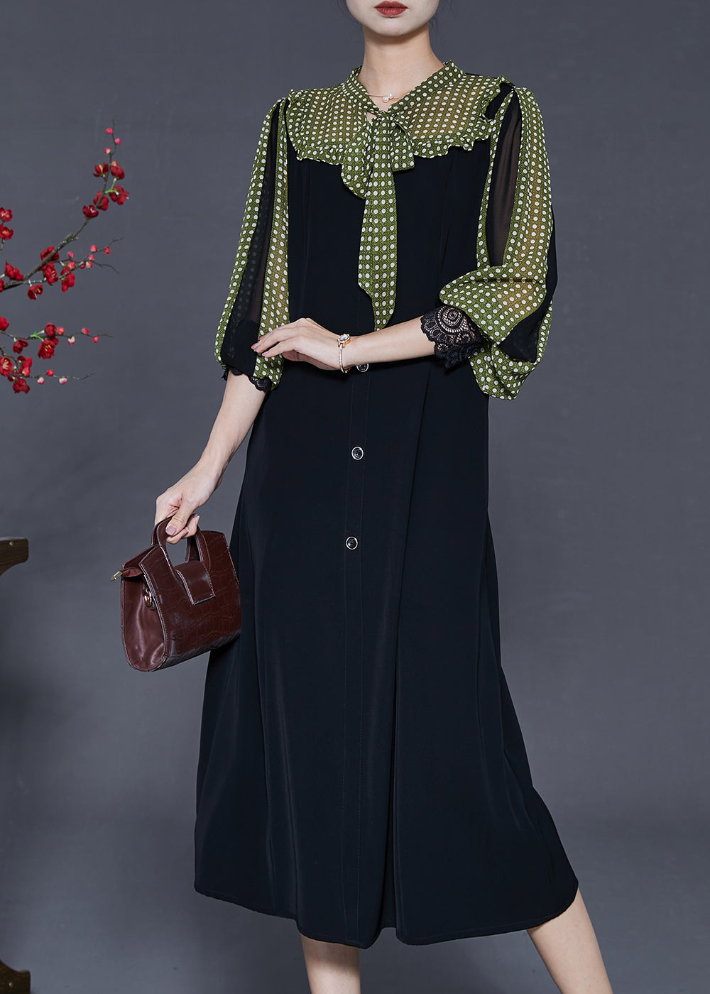 Black Bow Patchwork Chiffon Dresses Lantern Sleeve