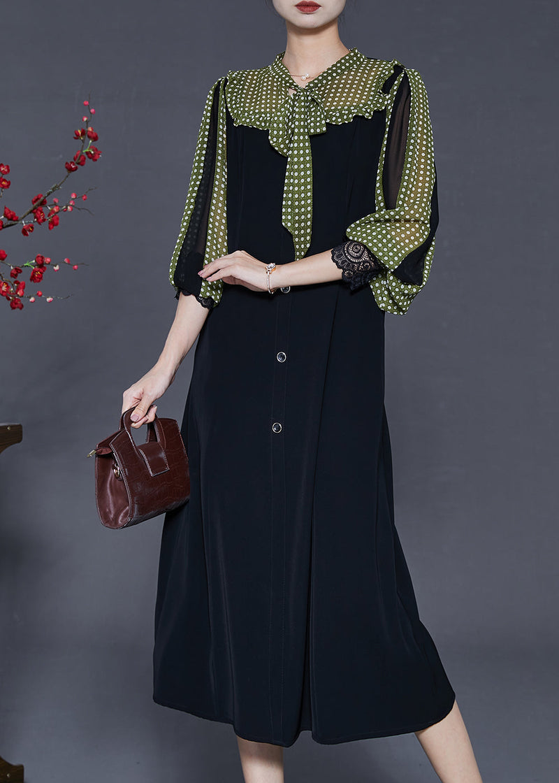Black Bow Patchwork Chiffon Dresses Lantern Sleeve