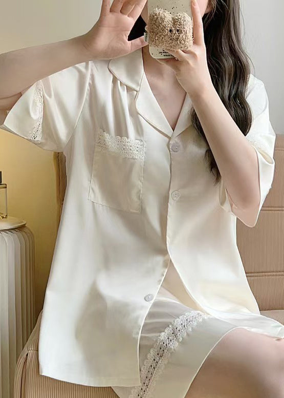 Green Hollow Out Shirts and Shorts Ice Silk Pajamas Two Pieces Set Summer