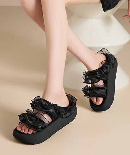 Black Platform Tulle Ruffled Splicing Slide Sandals
