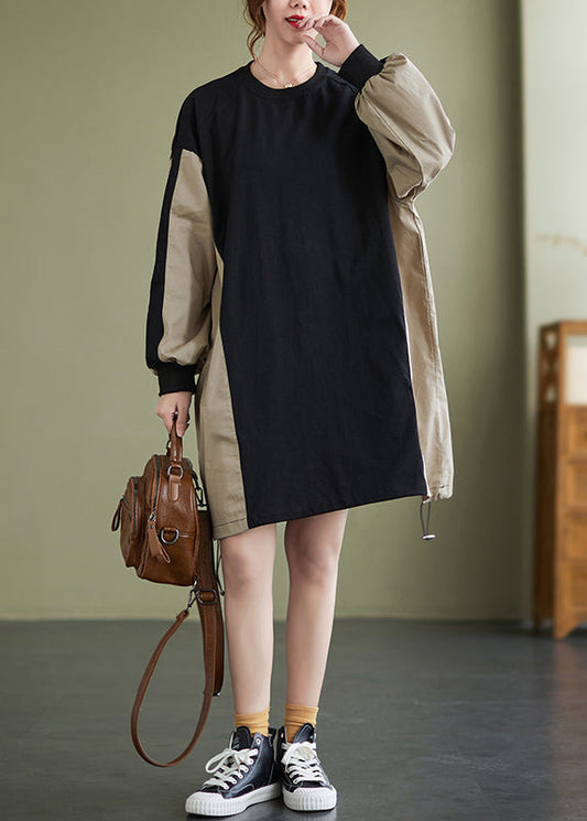 Colorblock Patchwork Drawstring Sweatshirt Dress Long Sleeve