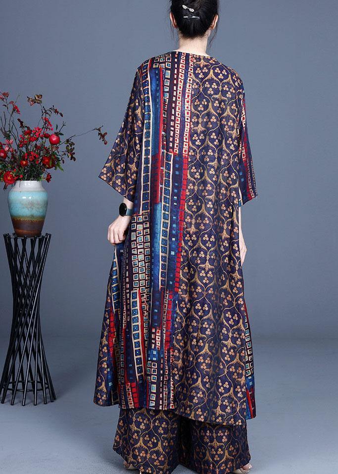 Italian Blue Print Button Silk Long Shirts Wide Leg Two Pieces Set