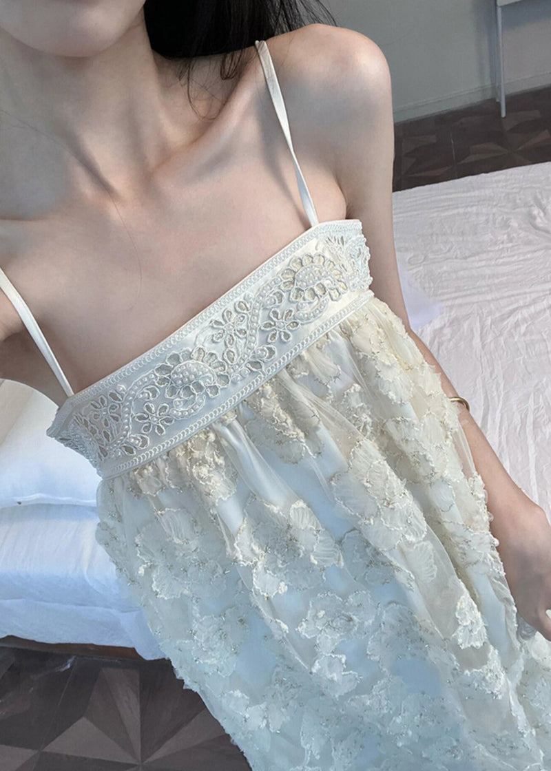 Beige Embroidered Tulle Patchwork Long Dresses Sleeveless