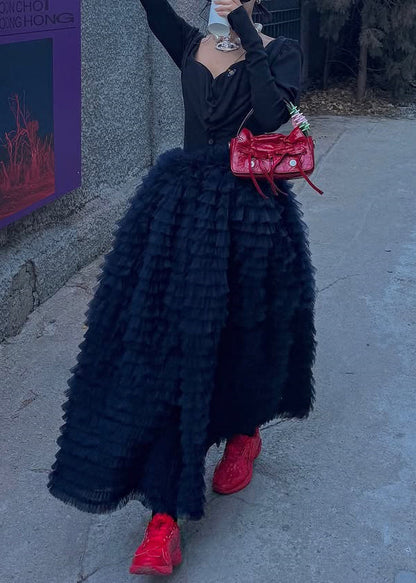 Black High Waist Tulle Maxi Skirts Ruffled