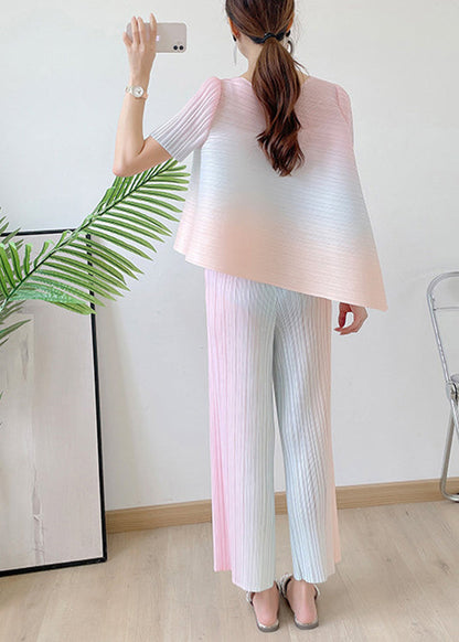 Blue Striped Gradient Color Silk Top and Pants Two Pieces Set Summer