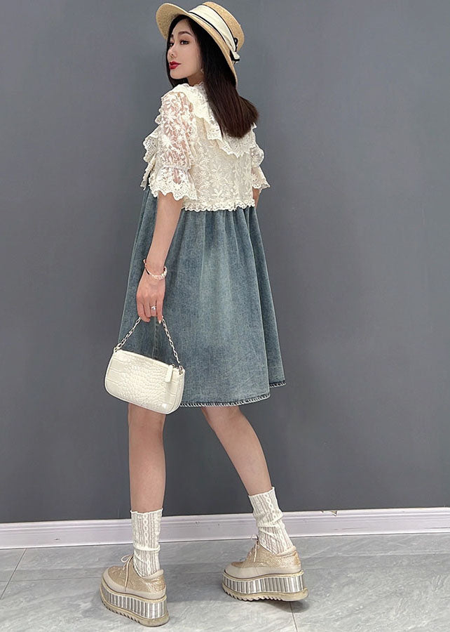 French Blue Stand Collar Hollow Out Lace Patchwork Cotton Denim Mid Dresses Short Sleeve Summer