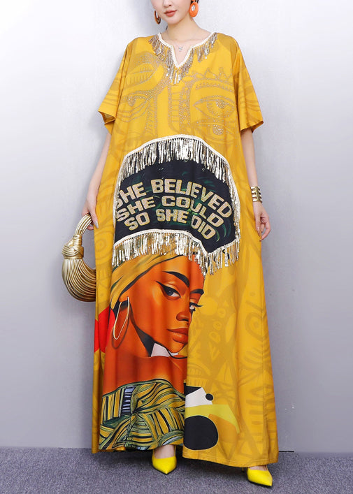 Yellow Tasseled Print Cotton Maxi Dress Summer