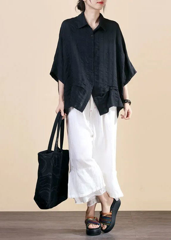 Black Peterpan Collar Button Bat Wing Sleeve Fall Shirt Top