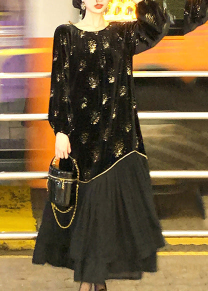 Organic Black O-neck Patchwork Sequins Silk Velour Maxi Dress Fall
