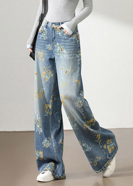 Style Light Blue High Waist Pockets Denim Wide Leg Print Pants