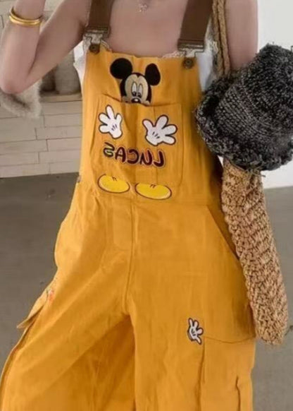 Yellow Embroidered Denim Overalls Jumpsuit Fall