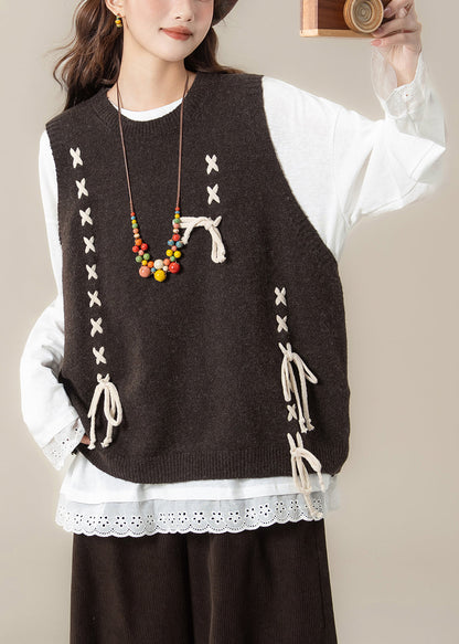 Loose Coffee Lace Up Knit Vest and White Cotton T Shirt Two Piece Set Spring