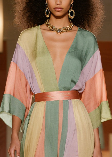 Colorblock Cinched Striped Silk Cotton Dress Summer