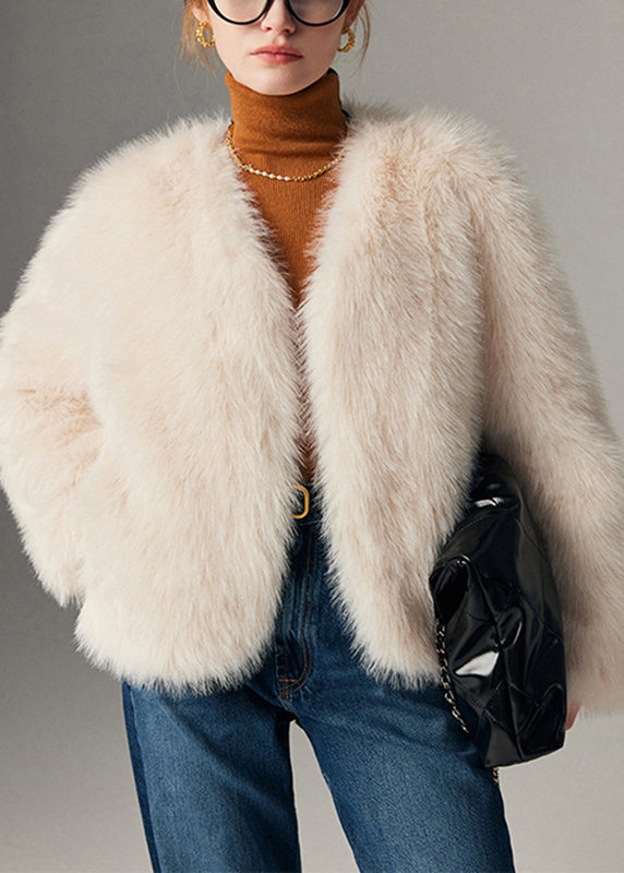 White Cozy Leather and Fur Coats Long Sleeve