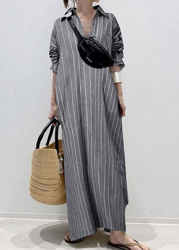 White Peter Pan Collar Striped Maxi Shirts Dresses Long Sleeve