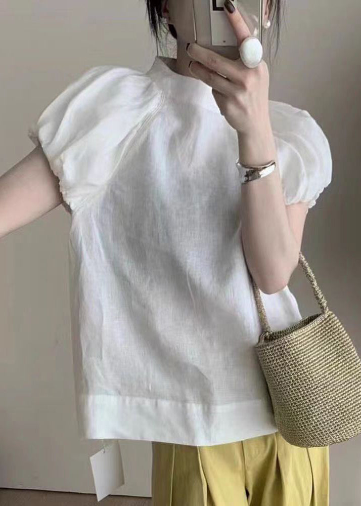 French White Puff Sleeve Cotton T Shirt Top