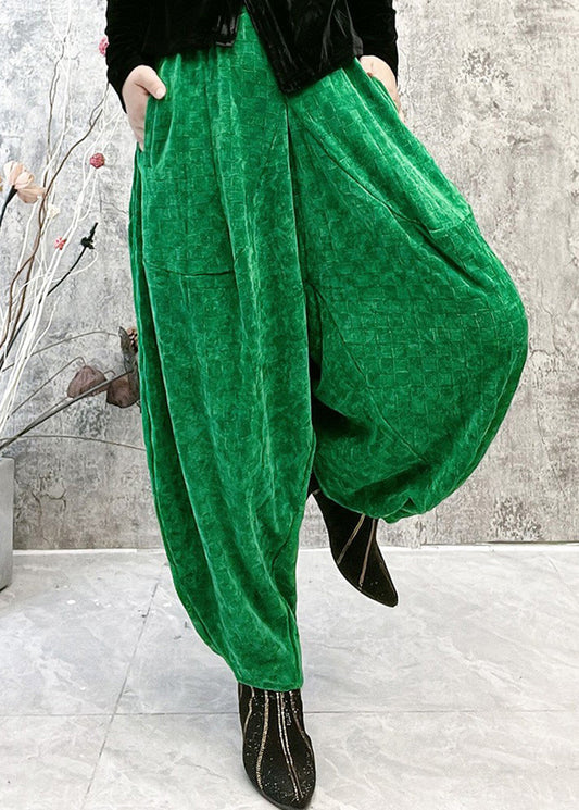Green Plaid Elastic Waist Velour Lantern Pants Spring