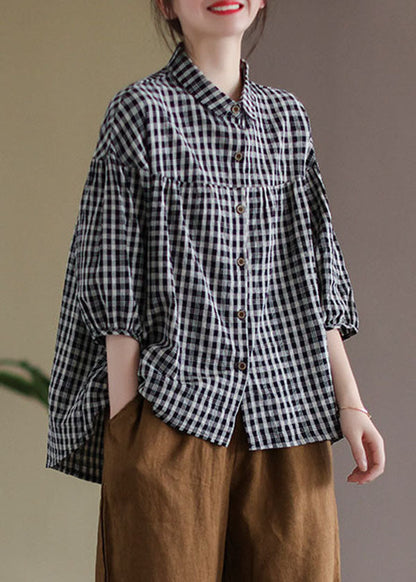 Black Peter Pan Collar Plaid Linen Shirt Half Sleeve