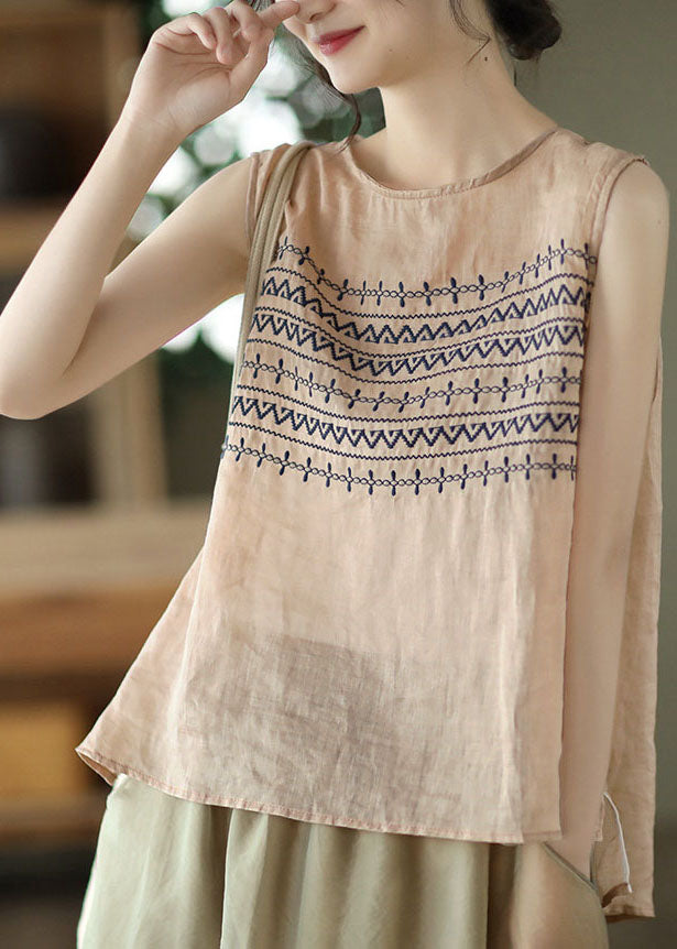Khaki Low High Design Linen Beach Tanks Sleeveless