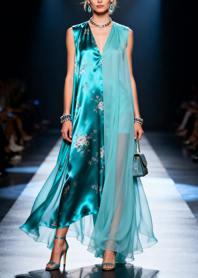 Loose V Neck Print Patchwork Chiffon Dress Summer