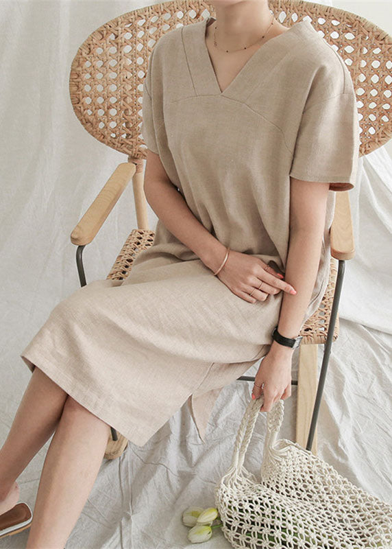 V Neck Patchwork Side Open Linen Mid Dresses Summer