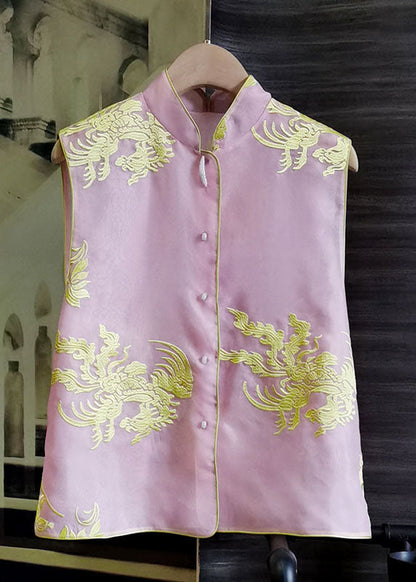 Pink Stand Collar Embroideried Patchwork Silk Vest Sleeveless