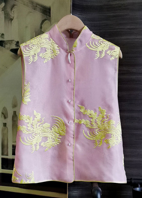 Pink Stand Collar Embroideried Patchwork Silk Vest Sleeveless
