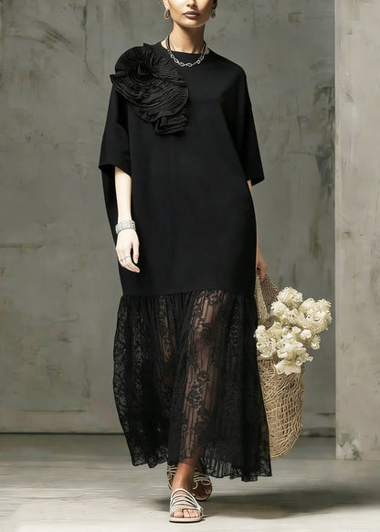 Boutique Black O Neck Lace Patchwork Cotton Dress Summer
