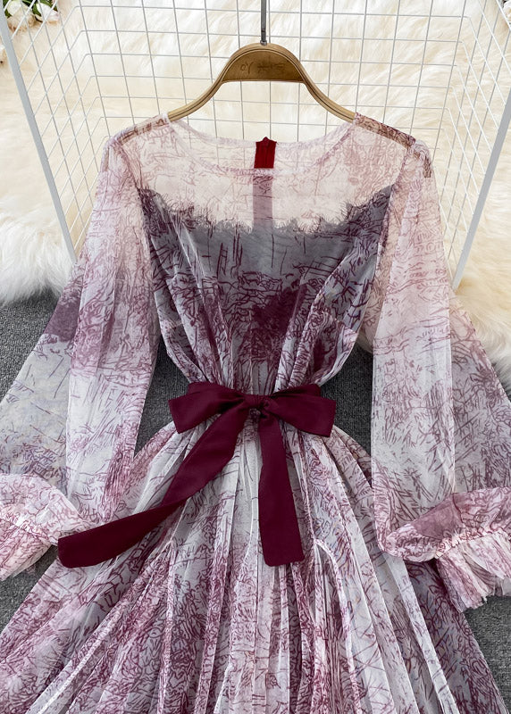 Diy Mulberry O-neck Print Tulle Long Dress Long Sleeve