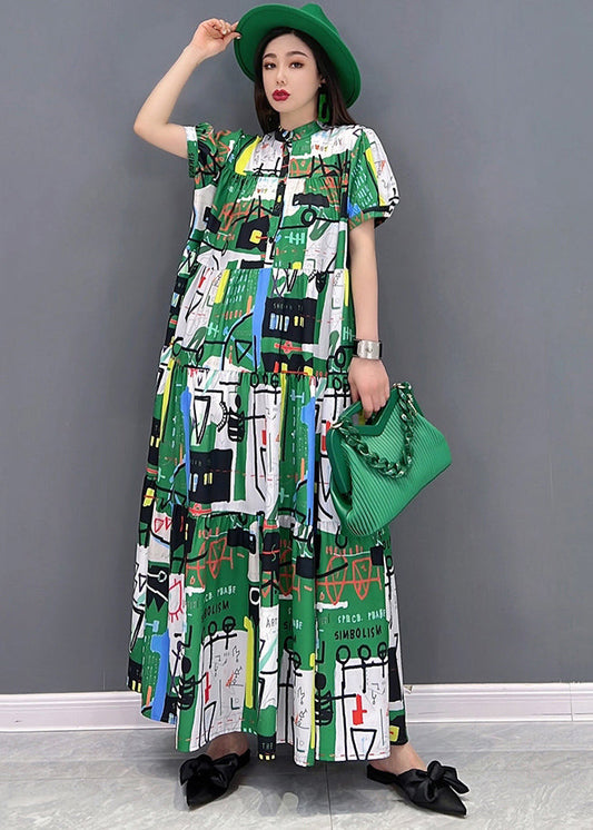 Green Stand Collar Patchwork Exra Large Hem Print Chiffon Maxi Dress Short Sleeve