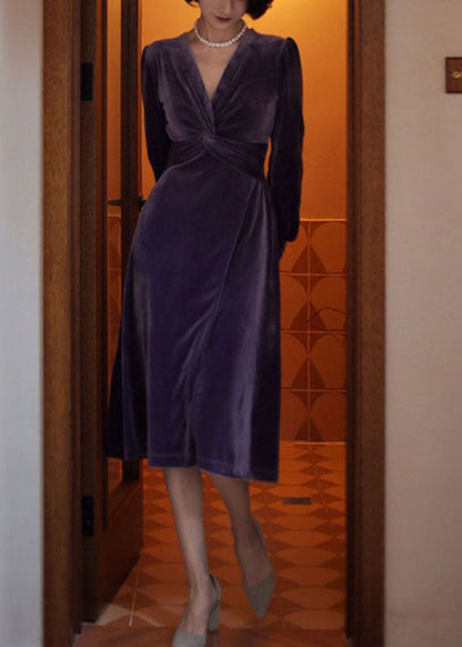 Purple V Neck Slim Fit Silk Velour Dresses Long Sleeve