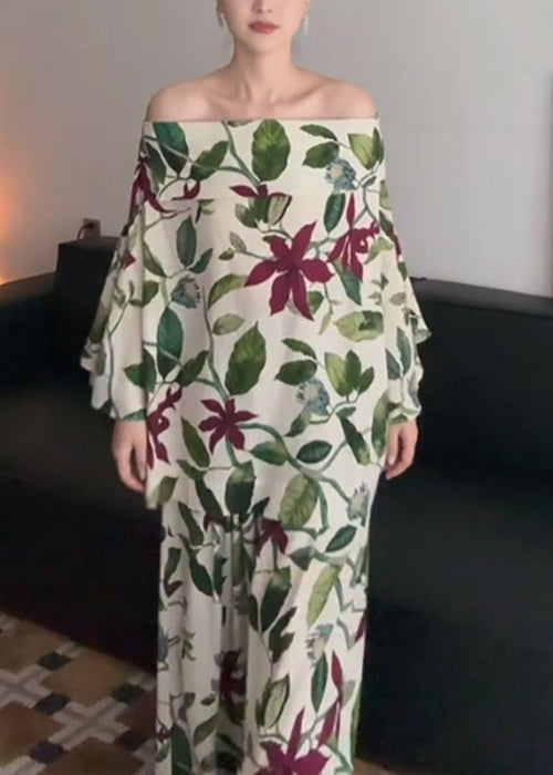 Green Slash Neck Print Cotton Two Pieces Set Flare Sleeve
