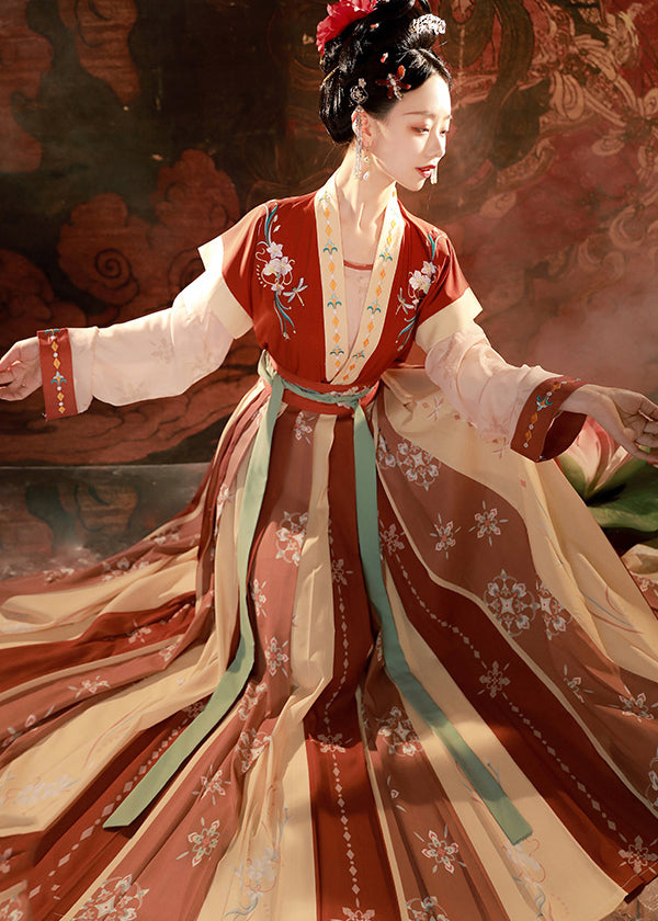 Red Embroideried Tops and Pleated Skirt Patchwork Two Pieces Set Fall
