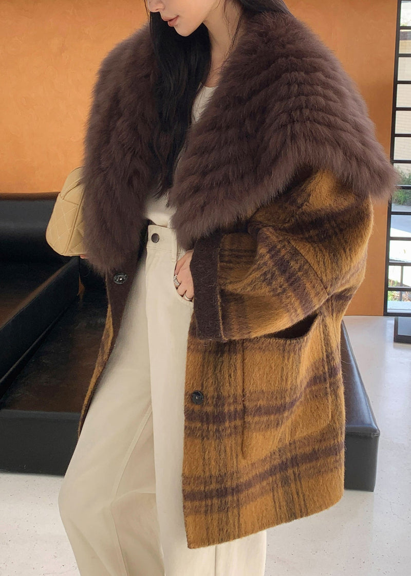 Yellow Fur Collar Plaid Pockets Wear on Both Sides Woolen Coats Fall