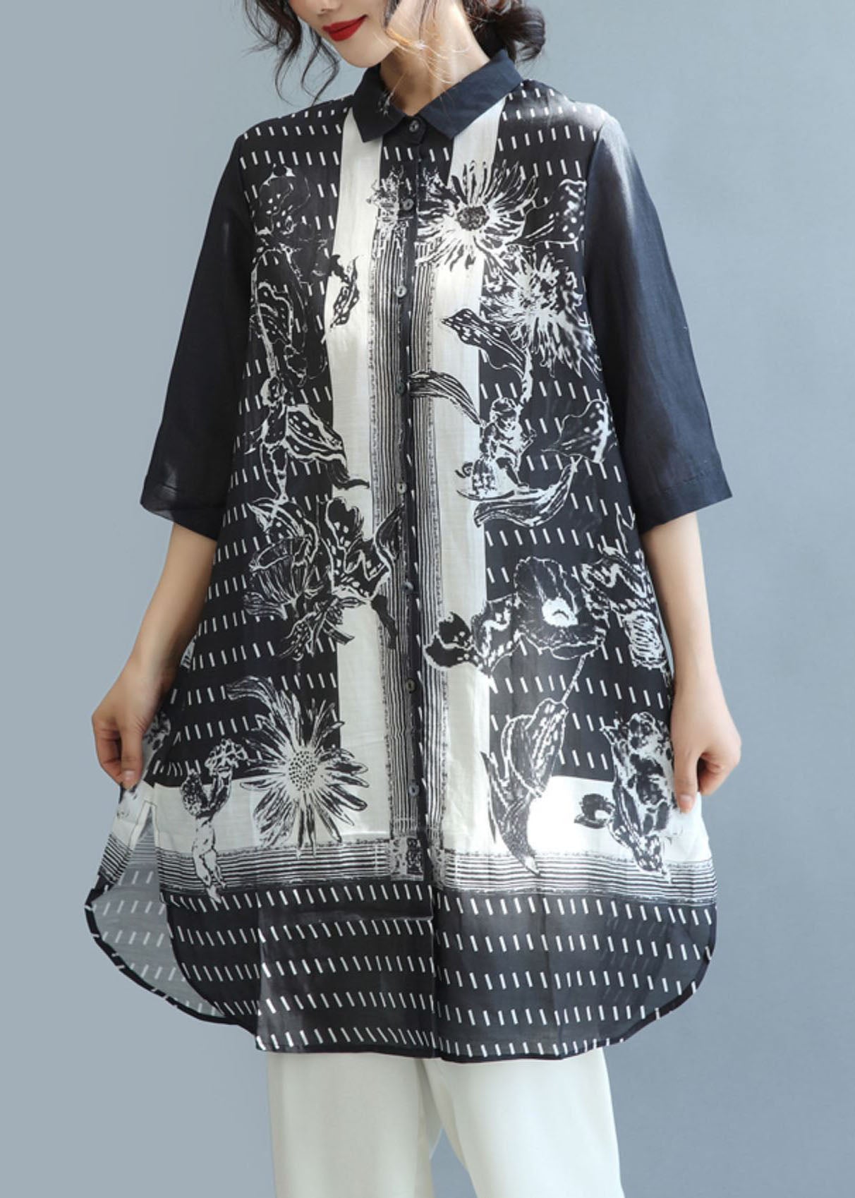Black Peter Pan Collar Print Linen Long Shirt Tops Half Sleeve