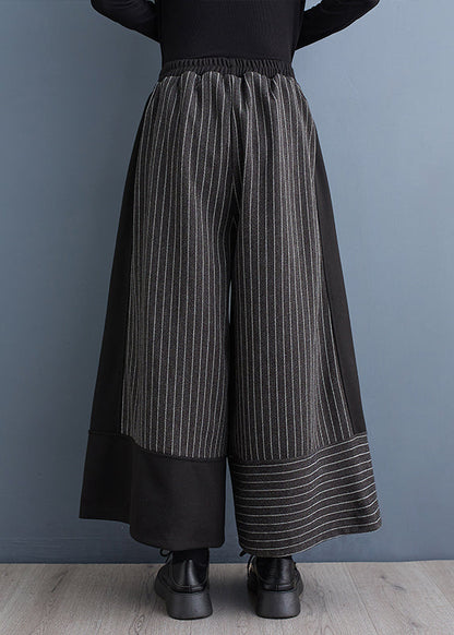 New Black Striped Patchwork Elastic Waist Woolen Wide Leg Pants Spring