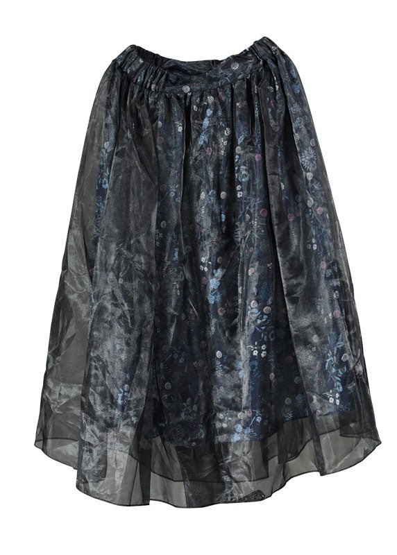 Navy Print Patchwork Fall Organza Skirt